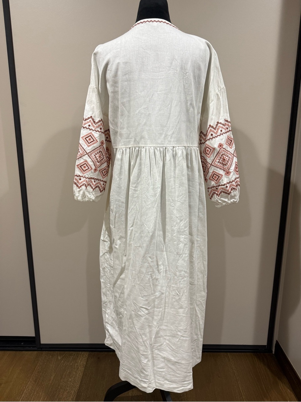 Madewell Embroidered-Sleeve Popover Linen Cotton Midi Dress White Rust Red - Picture 2 of 9